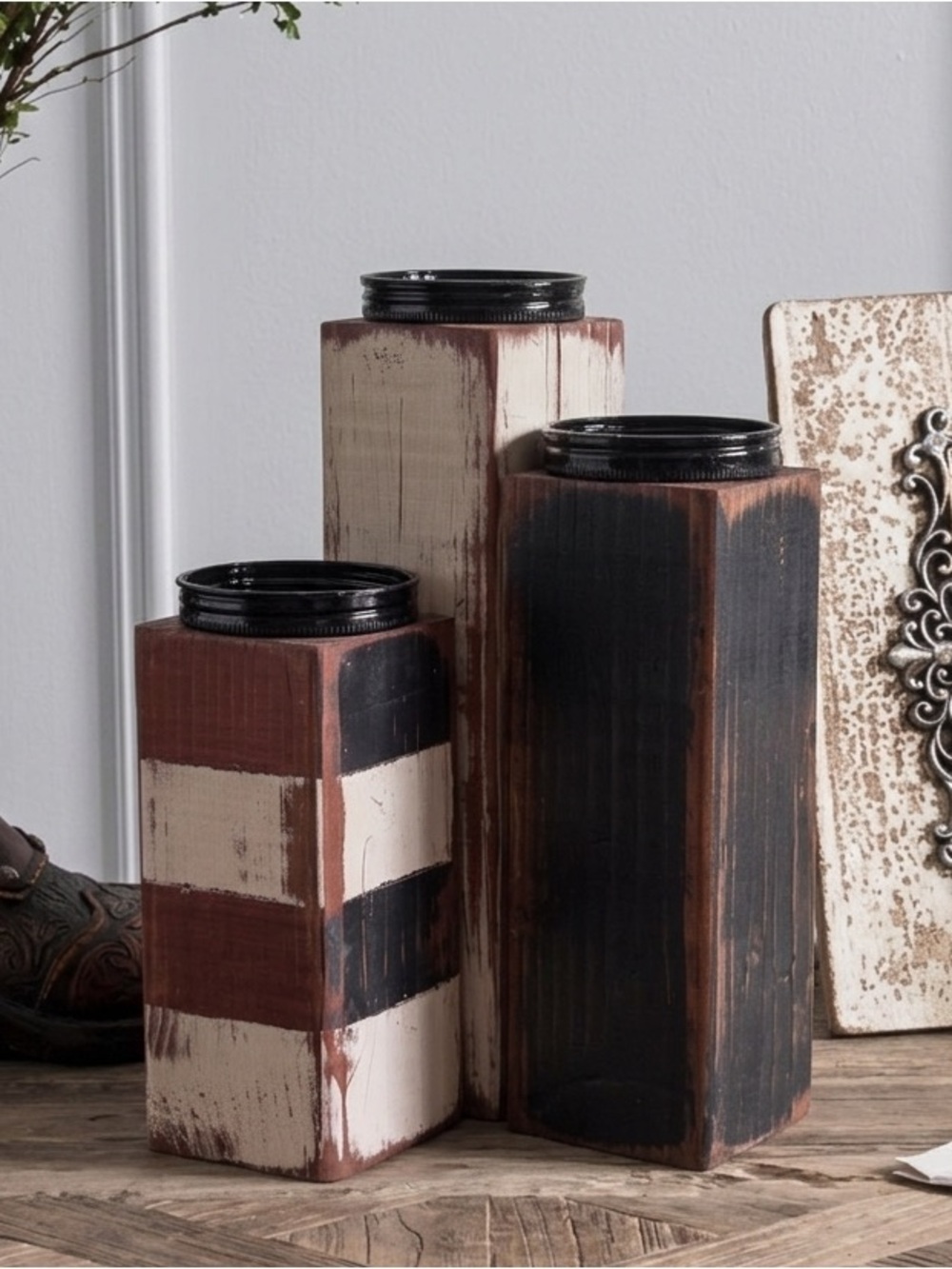 Set of 3 RUSTIC AMERICAN HYGGE Pine Log Tea Light Holder Plant Stand Handcrafted